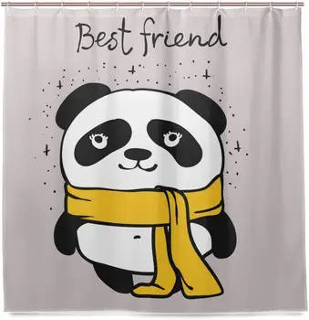 

Doodle Cute Panda Best Friend Home Bathroom Set Polyester Fabric Shower Curtain Home Art Decoration with Hooks