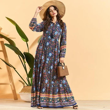 

Boho Beach Maxi Dress for Women Ethnic Plus Size Floral Print Dress Tassel Drawstring Collar Long Sleeves Maxi Dress Spring 2020