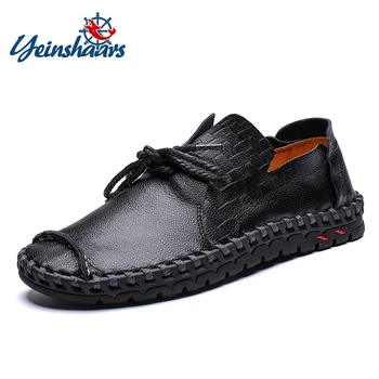 

YEINSHAARS Spring Genuine Leather Business Men Shoes Elegant Hand Sewing Comfortable Office Men Flat Mens Casual Shoes EU38-48