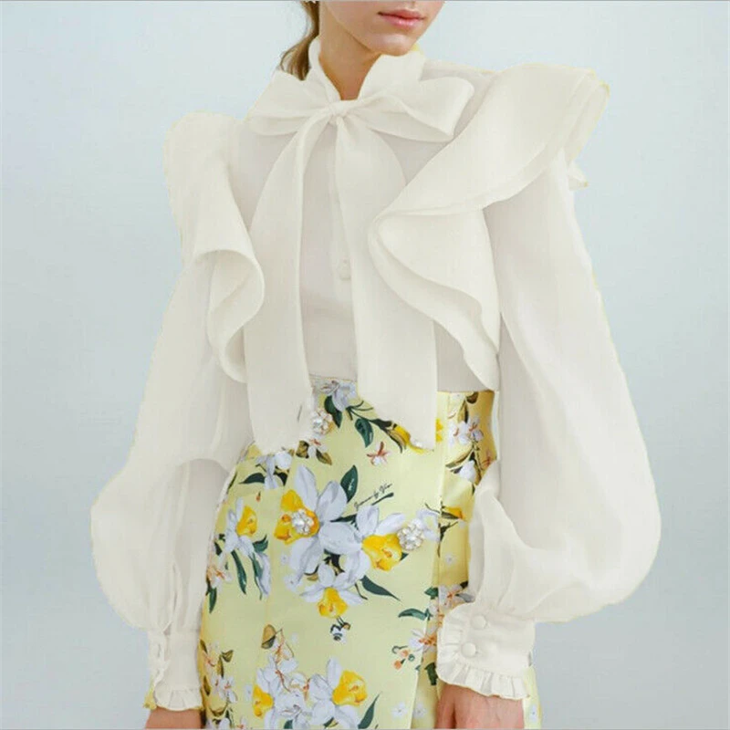 Women Lady Mesh Sheer Long Puff Sleeve Tops Bowknot Blouse Ruffled Buttons Shirt