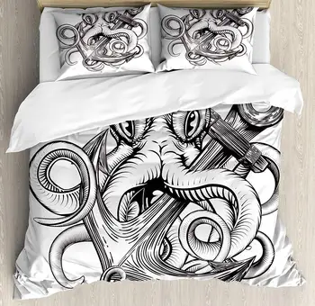

Anchor Duvet Cover Set Monochrome Octopus Tattoo Art Style Naval Sketch Mythical Kraken Beast Design Decorative 3 Piece Bedding