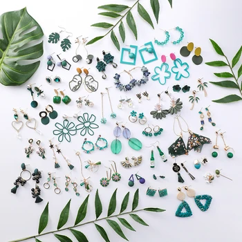 

Fashion Green Series Earrings For Women Geometric Vintage Jewelry Round Shape Big Long Drop Earrings Ins Korean Trendy Dangle