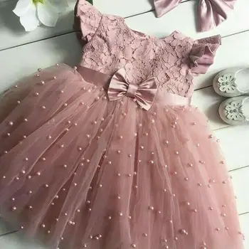 

2-7Years Flower Girl Summer Princess Pearl Yarn Dress Kid Baby Birthday Wedding Party Lace Tulle Tutu Dress Children Clothing