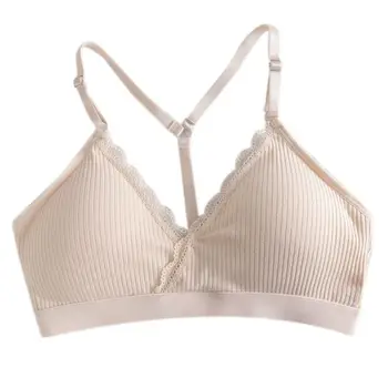 

Women Girls Cross Front Wireless Sports Bra Push Up Padded Y-Back Lace Bralette V-Neck Ribbed Spaghetti Strap Underwear