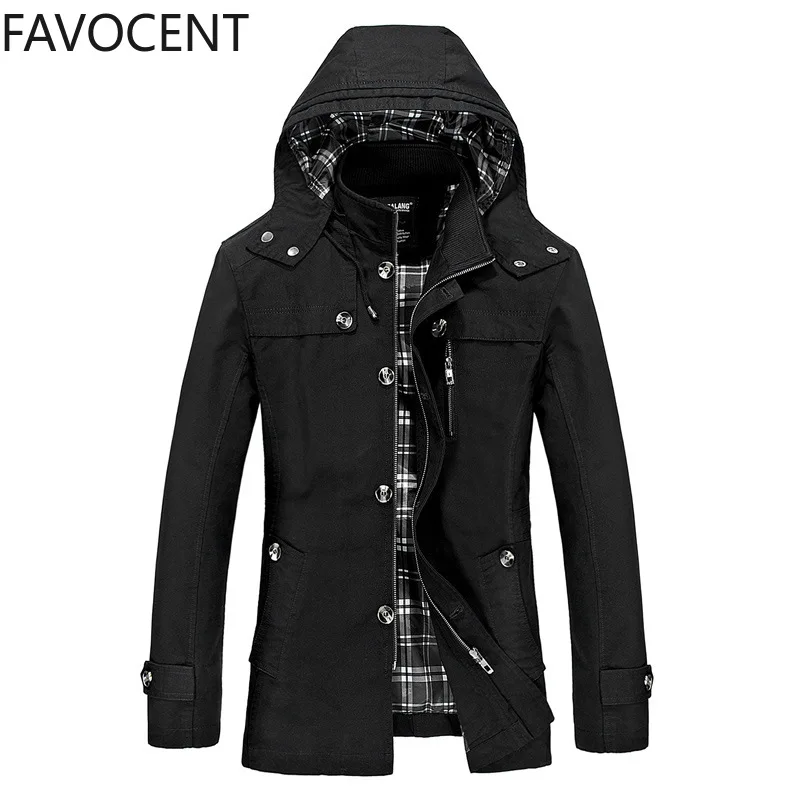 Spring and Autumn New Men's Large Size Trench Coat Korean Version of The Slim Long Men's Hooded Coat Thick Cotton