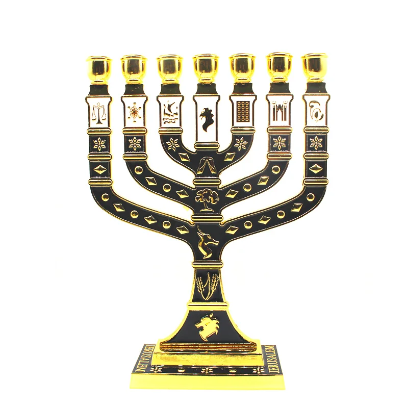 

Golden Seven Branch Menorah 12 Tribes of Israel Jewish Candle Holder