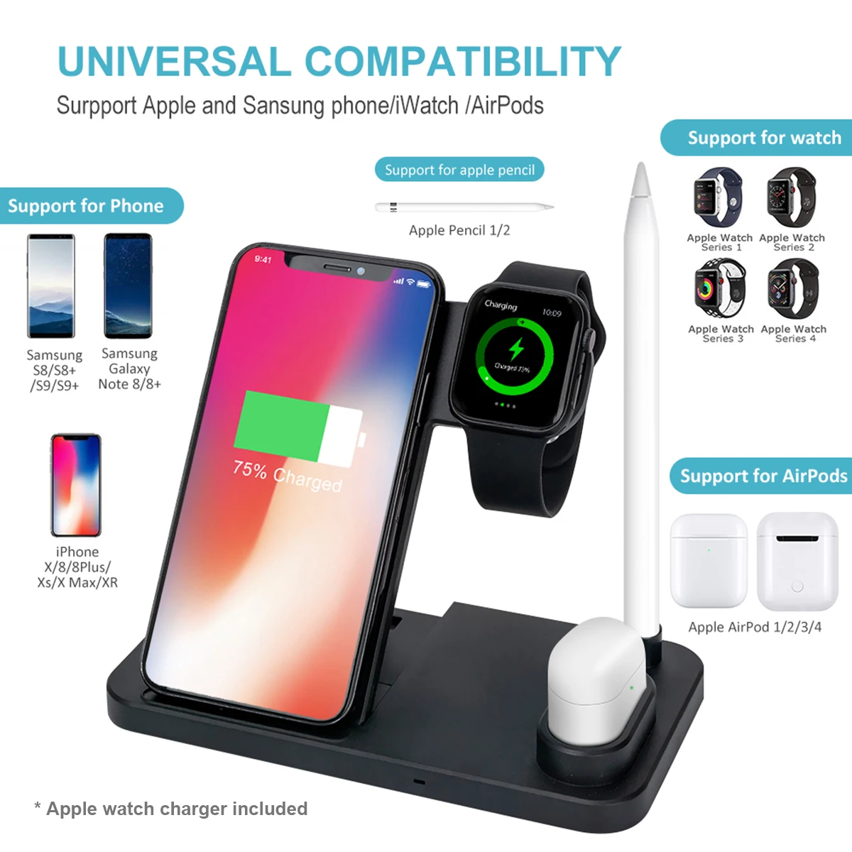 Беспроводное зарядное устройство 4 в 1 для iPhone X XS XR 8 быстрая Беспроводная