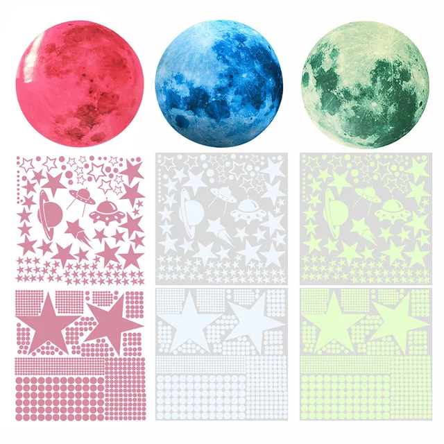 435/930pcs Luminous 3D Star Moon Dot Wall Stickers Glow in the Dark Kids Room Bedroom Ceiling Home Decoration Fluorescent Glow 3