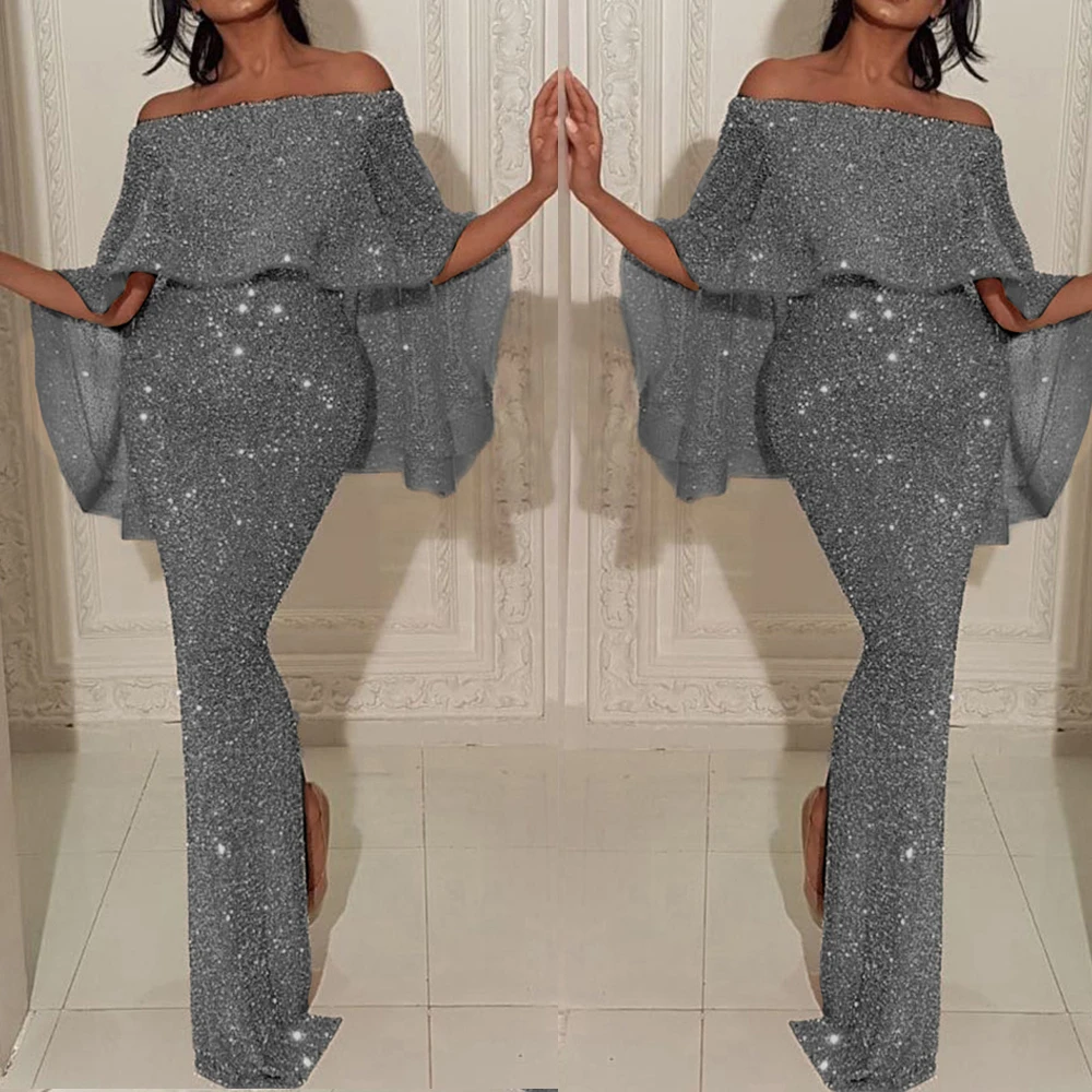 OEAK блестящее женское платье с рукавами-плащами, сексуальное платье с вырезом лодочкой и рюшами, облегающее платье на грудь, облегающее платье на бедрах, вечерние платья для невесты