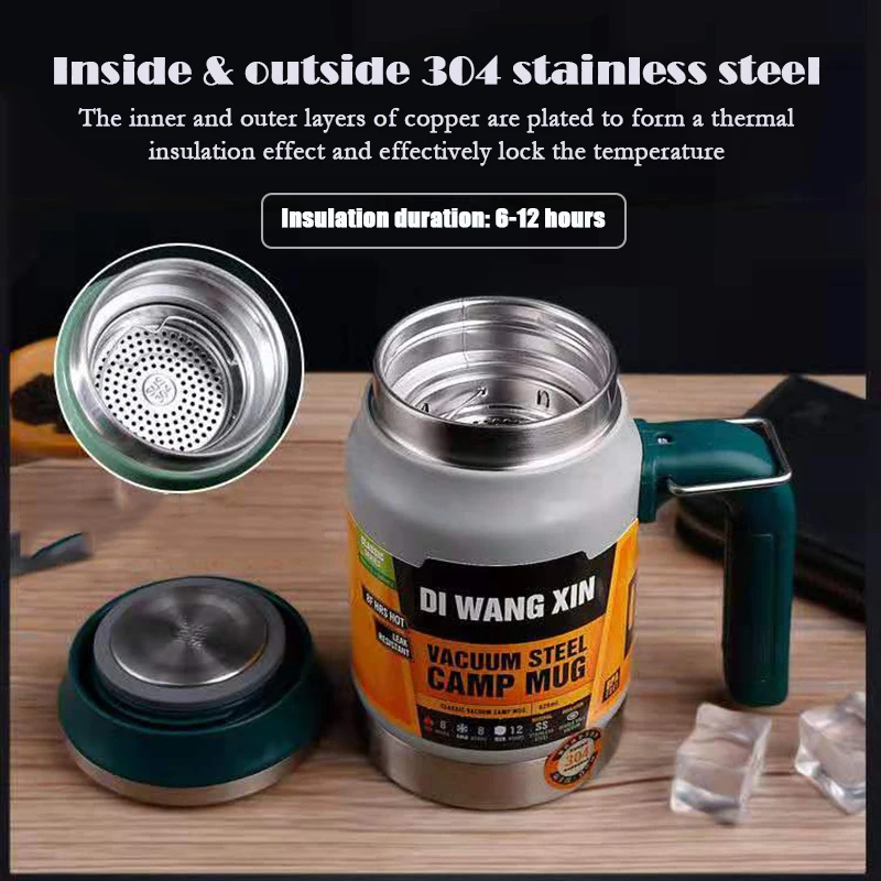 Koop Outdoor roestvrijstalen thermoskan kopje thee filter double layer kantoor water beker met handvat nieuwe camping mok Thermos cup