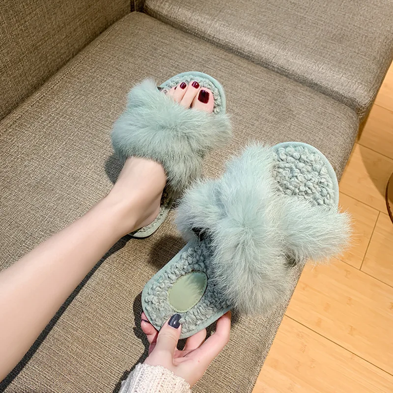 

X New Style Really Rabbit Fur Cross Slipper Women's Europe And America Fashion Lambs Wool Slipper Hot Selling Home Slippers