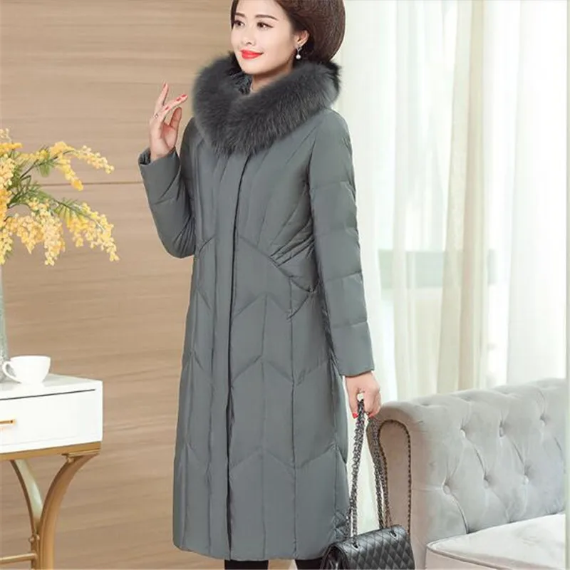 Высококачественная куртка-Пуховик среднего возраста, Женская куртка большого размера, приталенная куртка, зимняя толстая белая парка на утином пуху, повседневная куртка с капюшоном