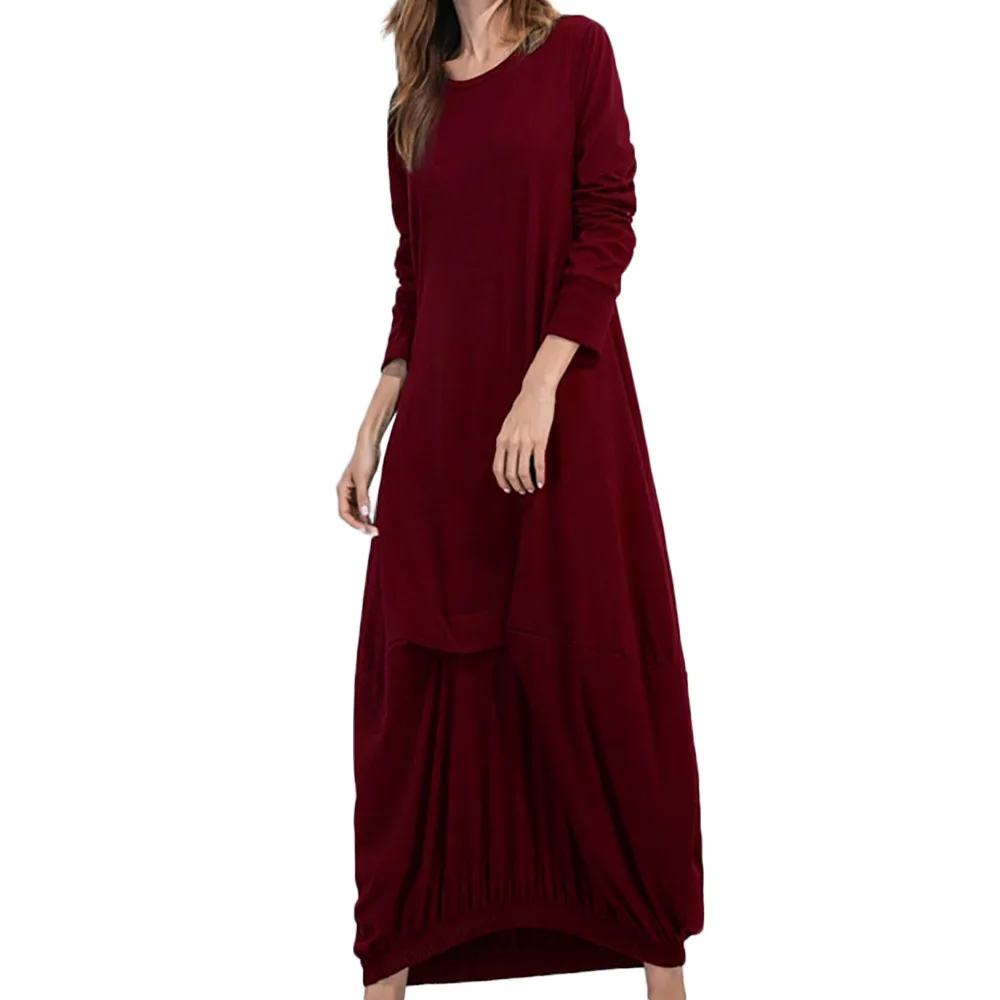 

JAYCOSIN Long Sleeve Loose Dress Autumn Winter Warm Dresses Women O-neck Solid Color Evening Party Beach Split Dresses Vestidos