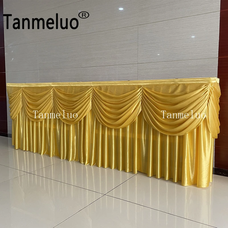 H0.8MxW3M Table Cloth Skirt With Color Swag Drape Ice Silk Table Skirting Birthday Wedding Party Event Decoration