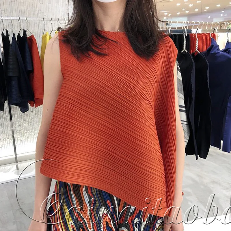 Miyake плиссированные топы без рукавов женские новые модные однотонные Нестандартные Свободные футболки с круглым вырезом Женская футболка Корейская одежда