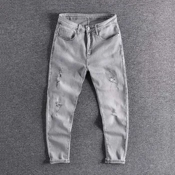 

2020 New broken nine point jeans men's slim little feet fashion designer nine point pants men's light gray men's jeans sale 0188