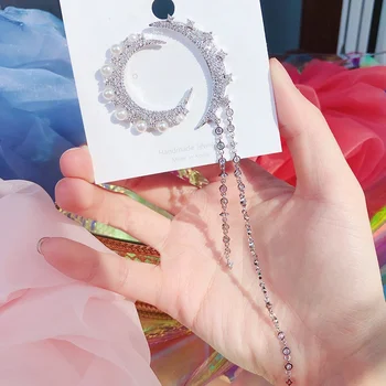 

MENGJIQIAO Korean Fashion Asymmetric Moon Star Rhienstone Long Drop Earrings For Women Elegant Pearl Boucle D'oreille Jewelry