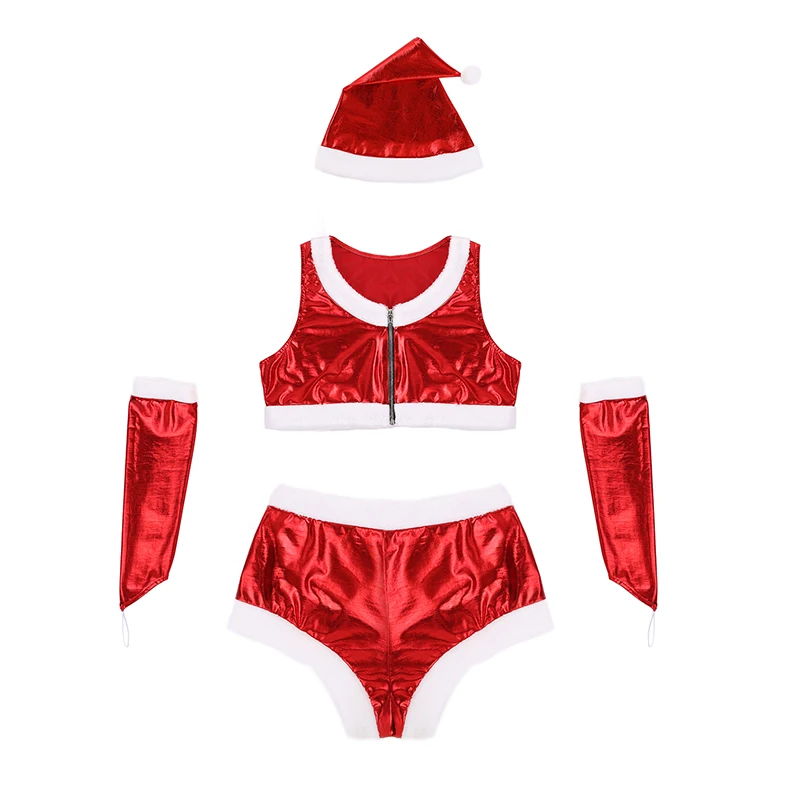 Женский популярный сексуальный Рождественский костюм для взрослых Санта-Клауса нарядное красное платье белые фланелевые блестящие металлические кроп топы с шортами шляпа Бандаж на руку набор