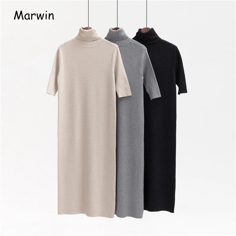 Meilleur Marwin 2019 nouvelle venue longue demi col rabattu tricoté pulls solide apprêt chemise tricoté robe pull d hiver de haute qualité