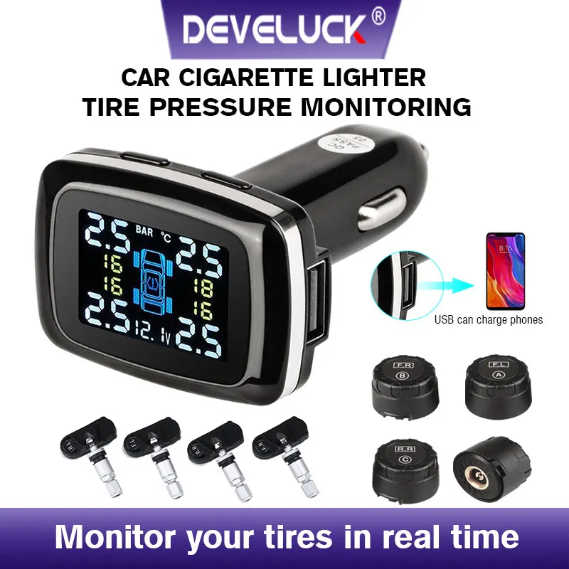 

TPMS cigarette lighter car tire pressure high sensitivity alarm system external internal sensor LED display USB external port