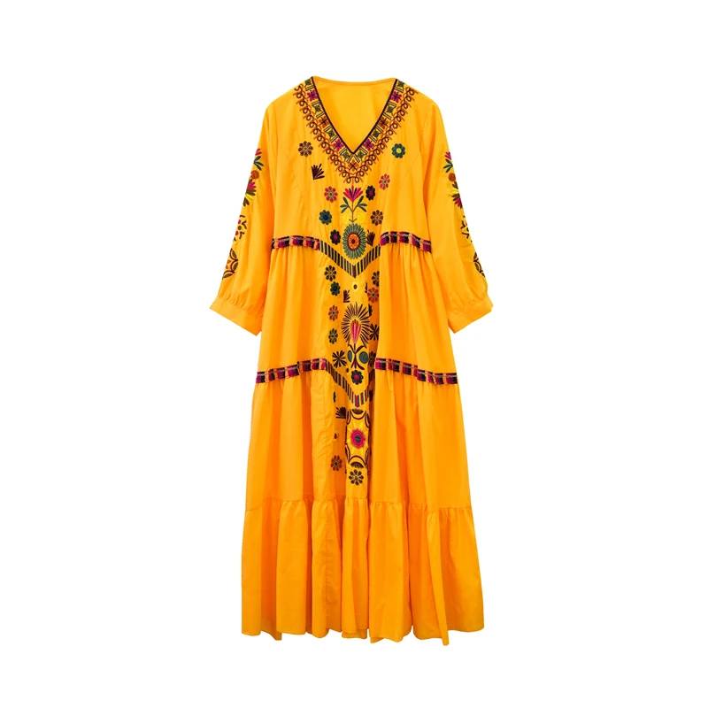 yellow Винтажное шикарное богемное пляжное макси-платье с цветочной вышивкой, женское летнее платье с v-образным вырезом, vestidos - Цвет: yellow