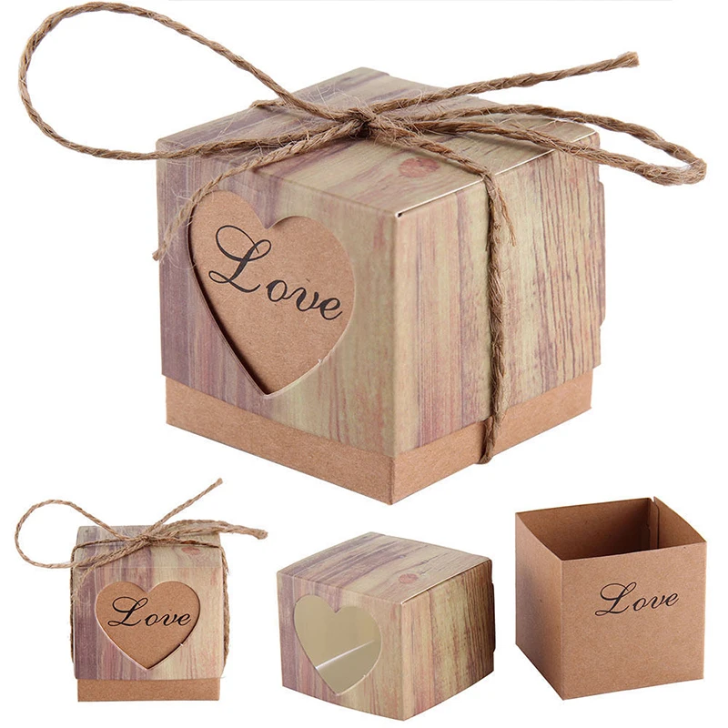 10-100pcs Wedding Love Heart Rustic Kraft Candy Boxes Hemp Rope Gift Favor 