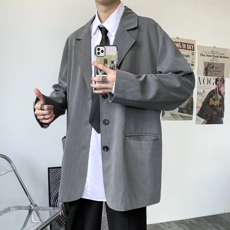 

2020 Autumn New Youth Popular Pure Color Loose Large Size Single-breasted Suit Fashion Casual All-match Top Coffee Su/Black/Gray