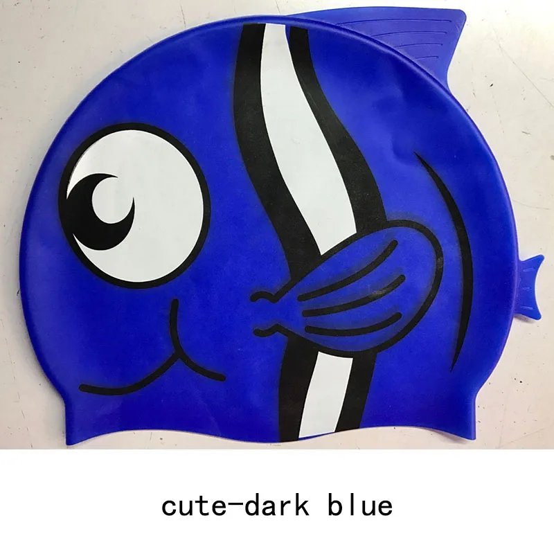 Swimming Cap Silicon Kids Children Boys Girls Baby Diving Swim Cap Hat Ear Protector Printing Silicone Waterproof Caps cute - Цвет: cute dark blue