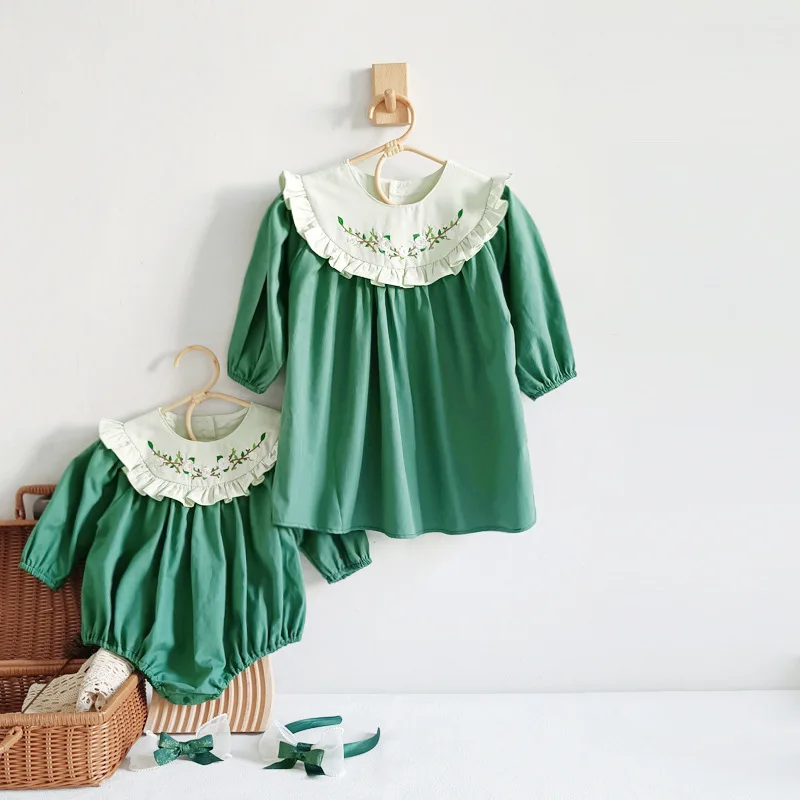 Spring Kids Baby Girl Long Sleeves Embroidery Sister Dress Rompers Autumn Infant Baby Girl Newborn Dress Rompers Clothes Baby Bodysuits expensive