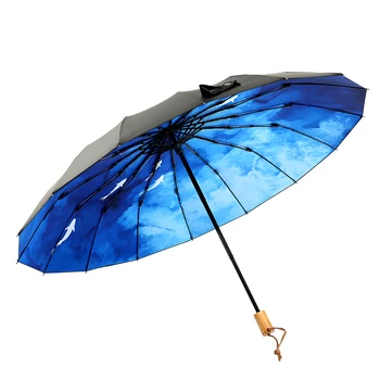 

Wooden Handle Uv Protection 3 Folding Umbrella Cartoon Black Coating Windproof Sun Umbrella High Quality Umbrella Large L