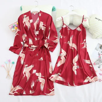 

Spring Couple Bride 2PCS Kimono Robe Gown Sets Sexy Print Crane Rayon Bathrobe 3/4 Sleeve Bath Nightgown Sleepwear Nightwear