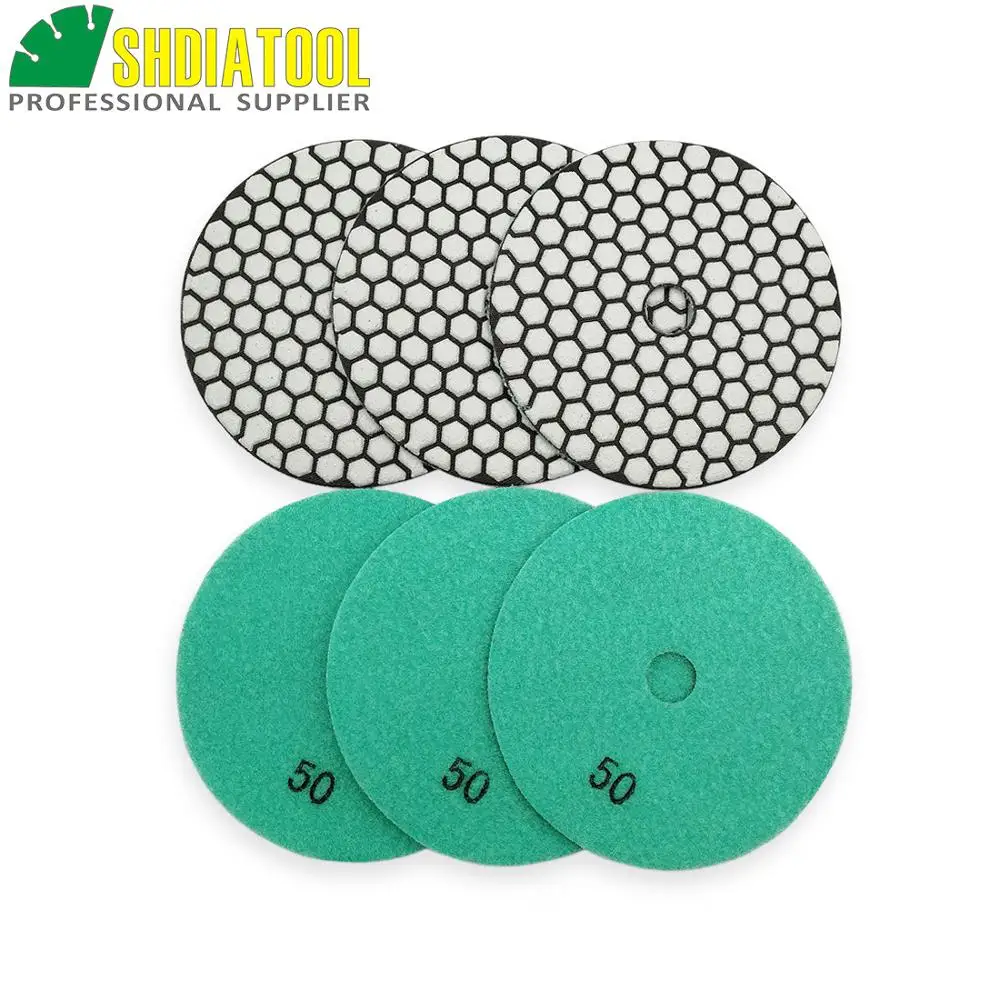 Shdiatool 6pcs 5" 50 B Dry Polishing Pads Granite Marble Ceramic