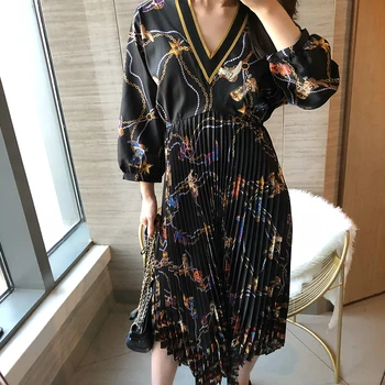 

Women Dress 2019 Autumn /Winter New V-neck Chain Print Waist Irregular Women's Midi Dress