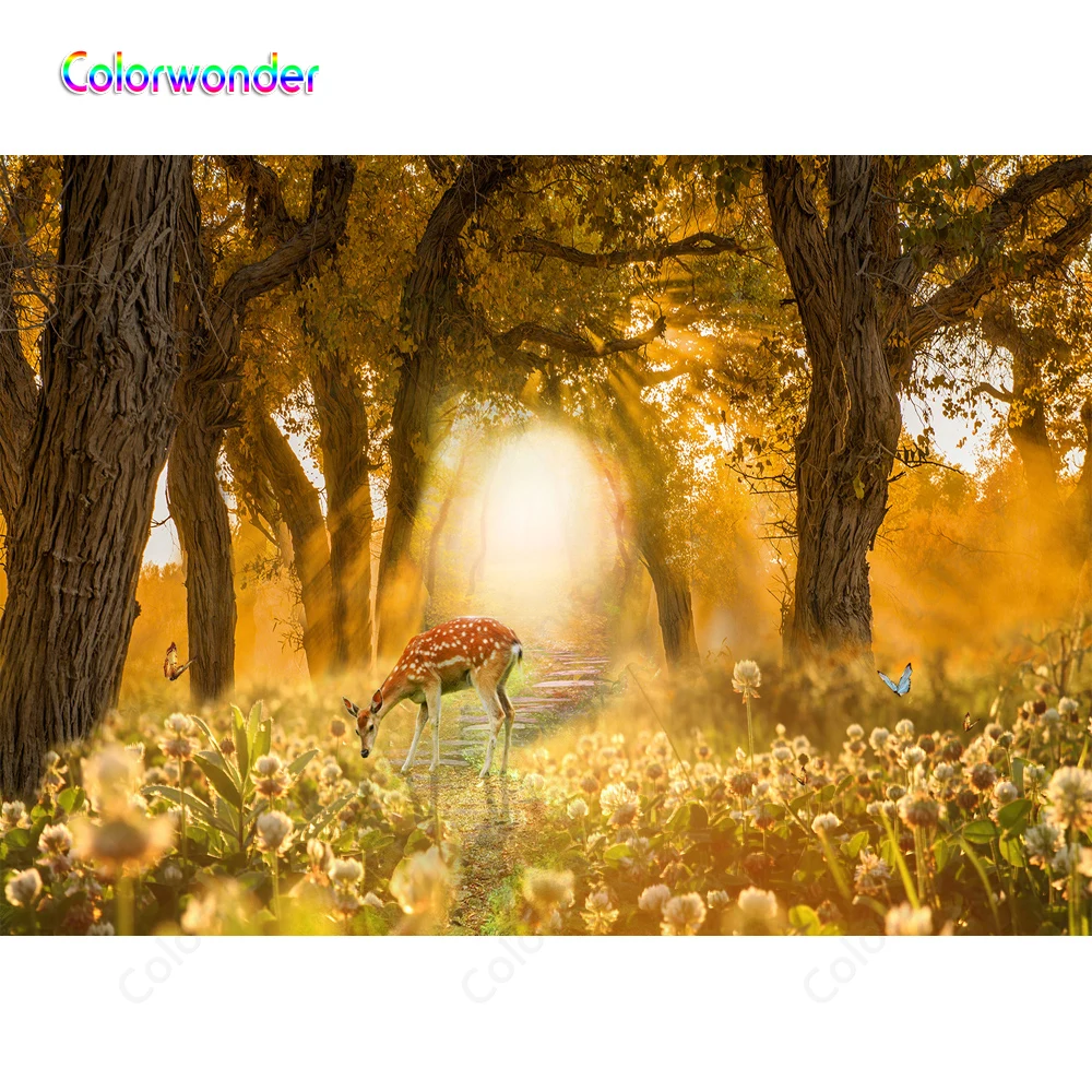 Golden Fall Backgrounds Trees with Yellow Leaves Magic Forest Deer on the Country Road Flower Sea Floral Backdrops for Photocall |