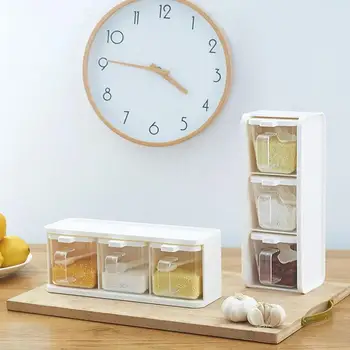 

Transparent 3 Grids Spice Jar Rack Condiment With Spoon Storage Seasoning Container Kitchen Food Boxes
