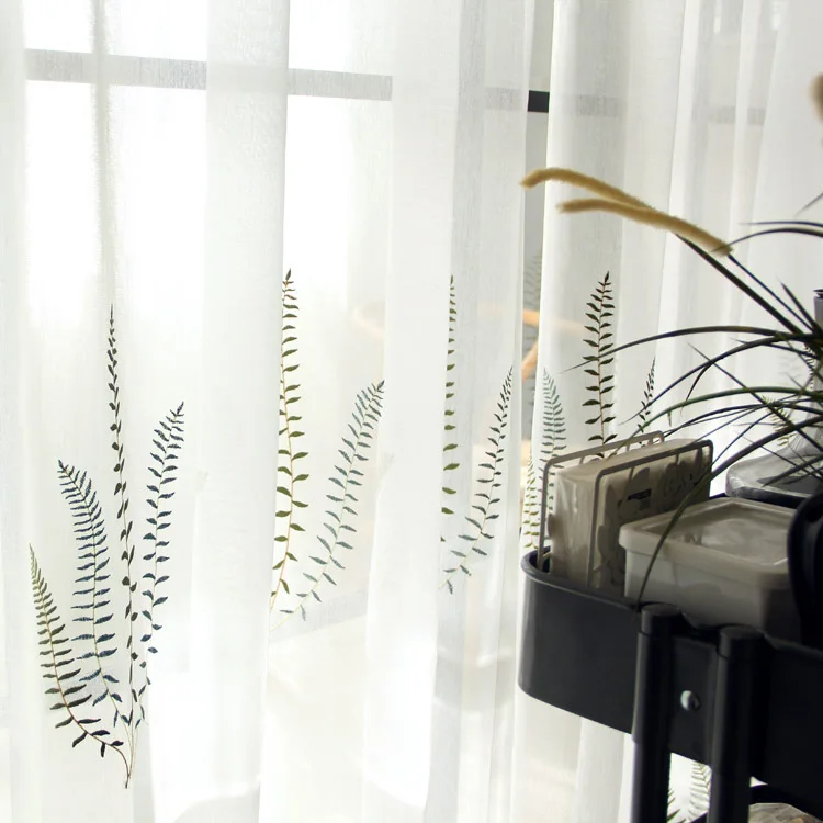 

Sheer Curtains for Living Dining Room Bedroom American Simple Cotton and Linen Leaf Embroidered Window Yarn White Joyful Choice