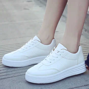 

2020 Spring Shoes Woman Solid White Platform Sneakers Breathable PU Leather Casual Shoes Women Trainers Student Lace Up Flats