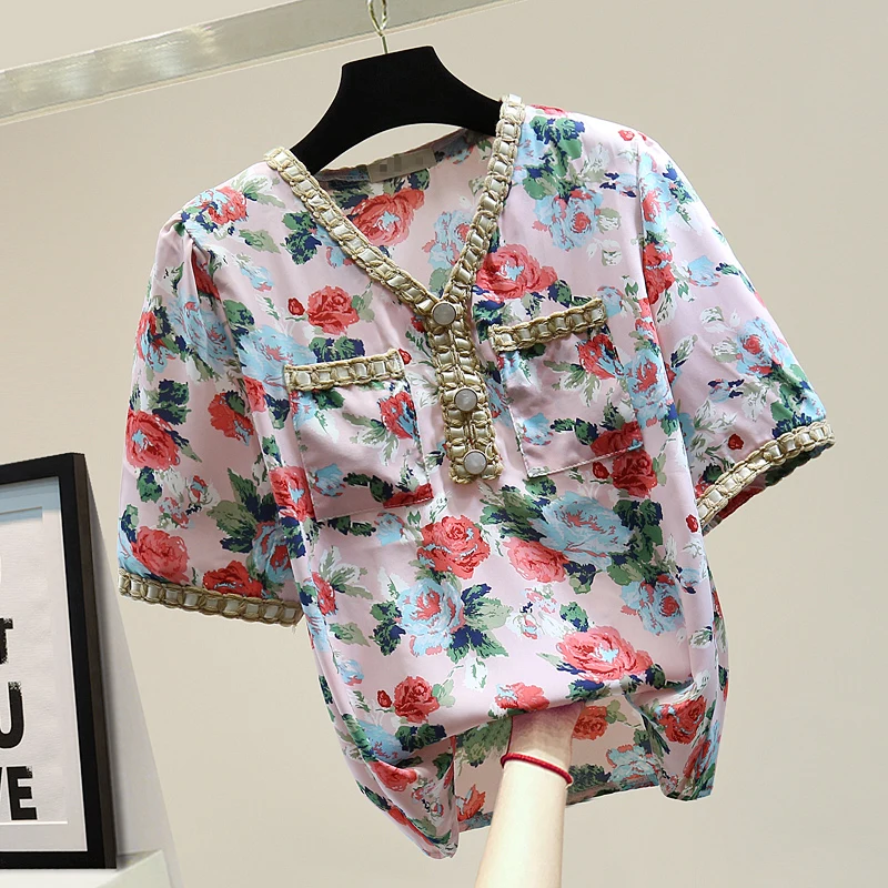 

Women's Clothing 2020 Summer Korean-Style Loose Floral Blouse Woman Temperament Retro Printed Leisure Short Sleeves Shirts Blusa
