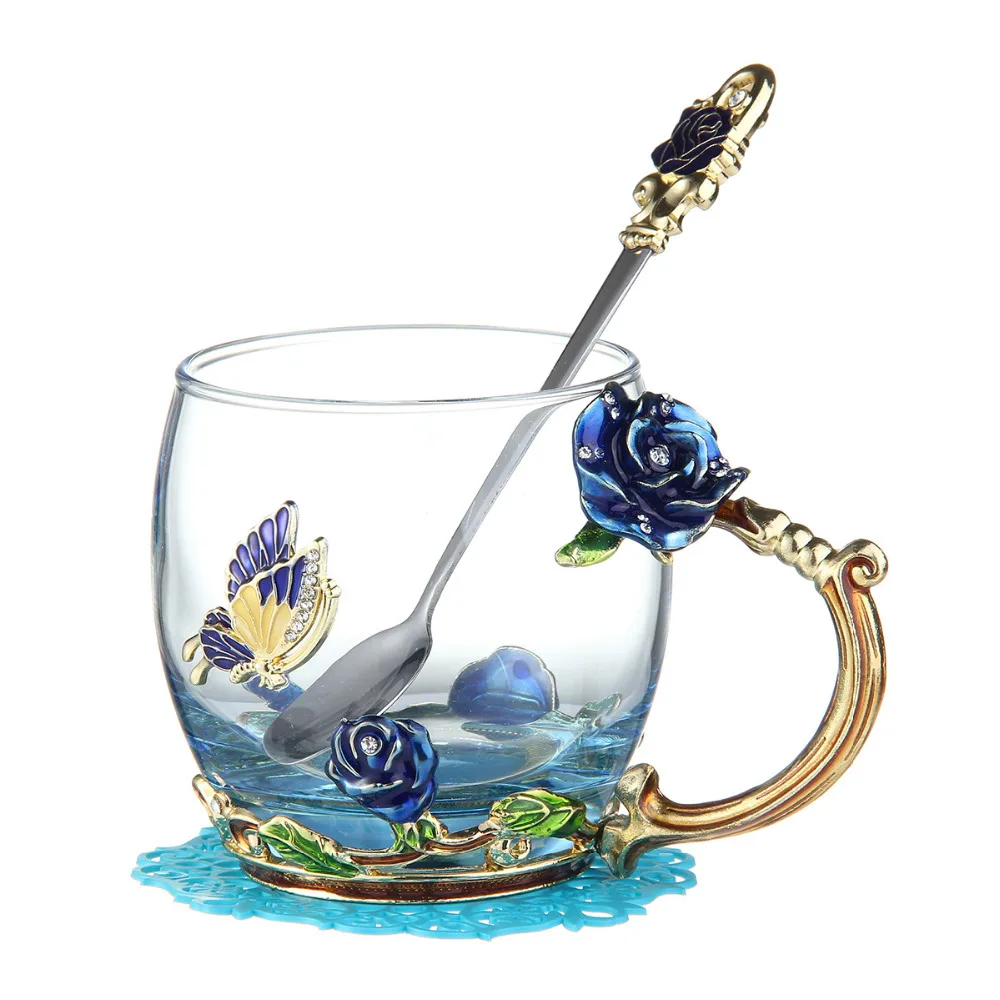 Розовая эмалированная Хрустальная чайная чашка кофейная кружка стакан бабочка Роза окрашенные цветочные чашки для воды прозрачное стекло с ложкой набор идеальный подарок
