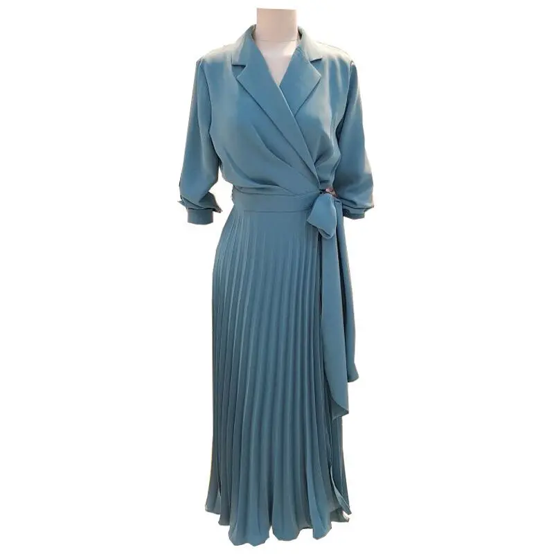 

2019 Autumn Notched Collar Sashes A-Line Dress Safari Style Women Long Sleeve Pleated Midi Dress High Waist Solid Dresses