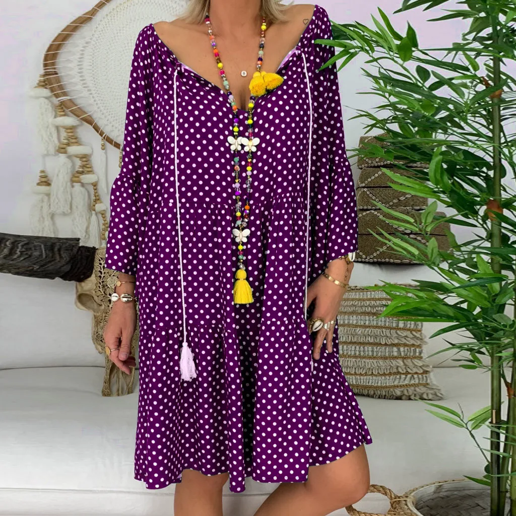Boho женское платье, женское свободное платье в горошек, рукав три четверти, мини платье, летнее платье, v-образный вырез, вечерние, Клубная туника, Пляжное Платье# G7