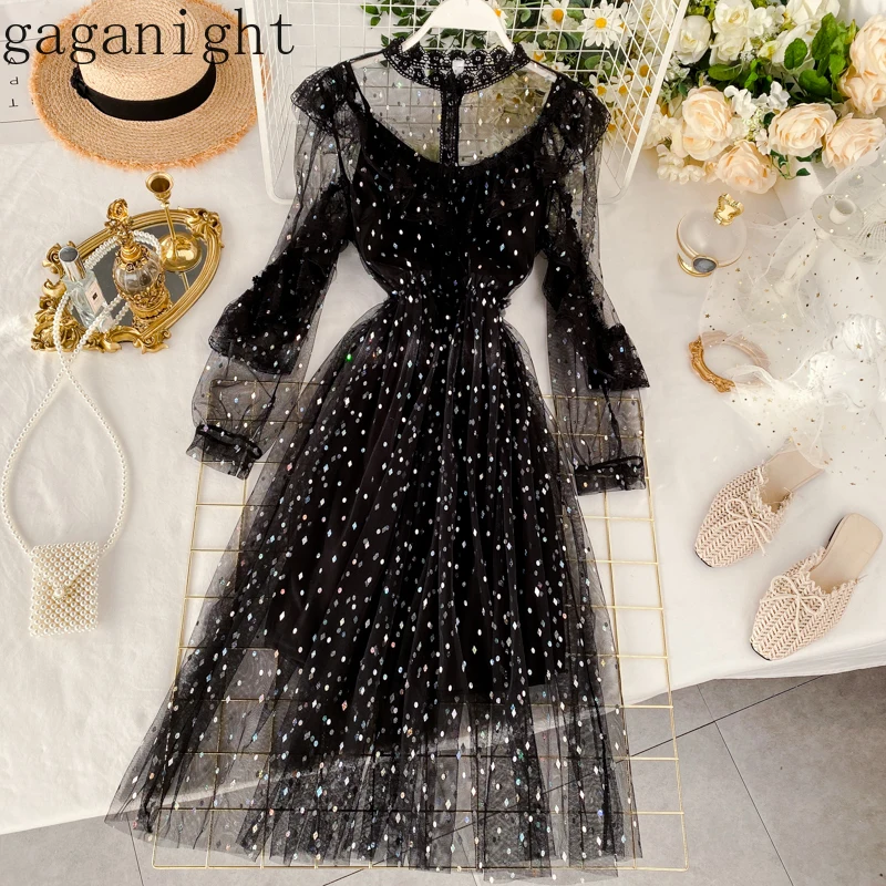 

Gaganight Chiffon Sweet Women Maxi Party Dress Long Sleeve Ruffles Mesh Dresses Lady Fashion Chic Bling Bling Patchwork Vestidos
