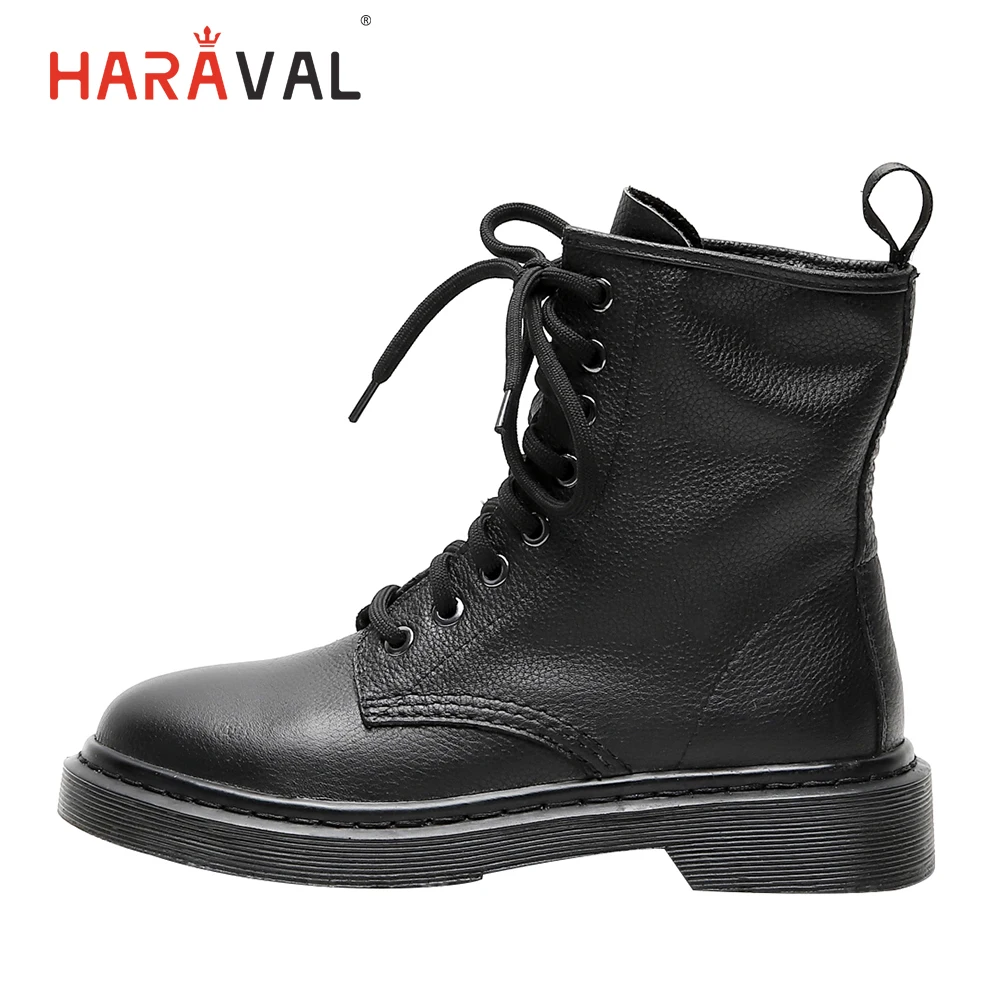 

HARAVAL Fashion Classic Ankle Boots Winter Warm Women Round Toe Low Heel Lace-up Shoes Black Genuine Leather Martin Boots B213