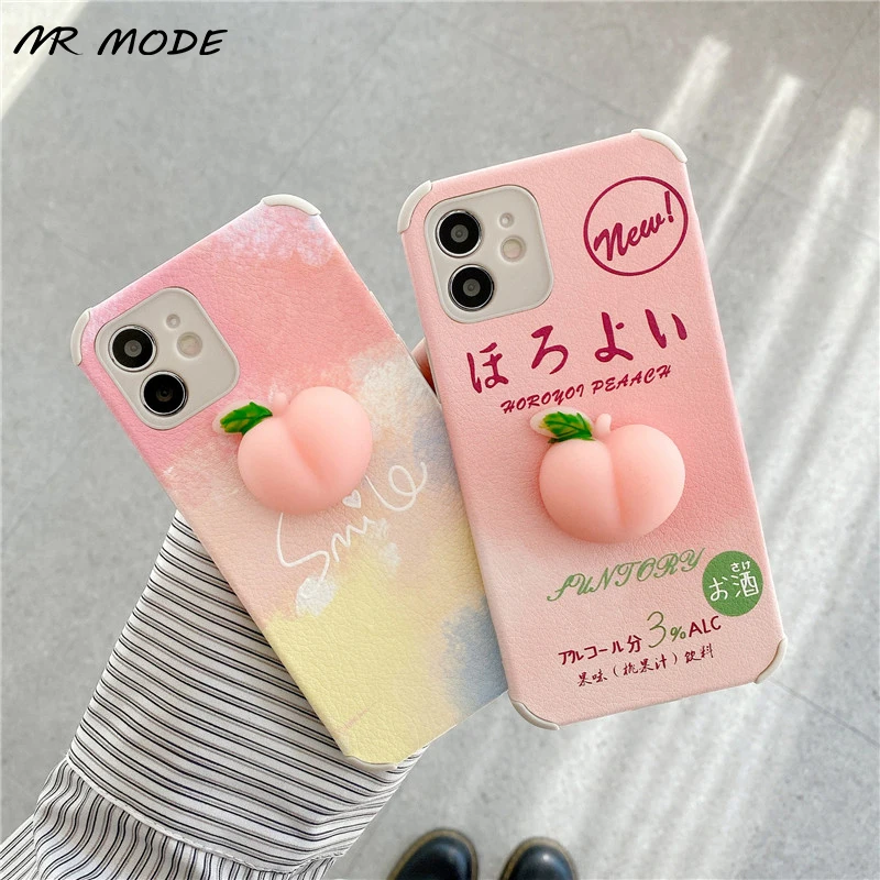 Luxury 3D Pink Peach Phone Case For Iphone 11 12 Pro Max 7 8 Plus XR XS MAX 12 Mini 11 X Leather Anti-Fall Silicone Back Cover