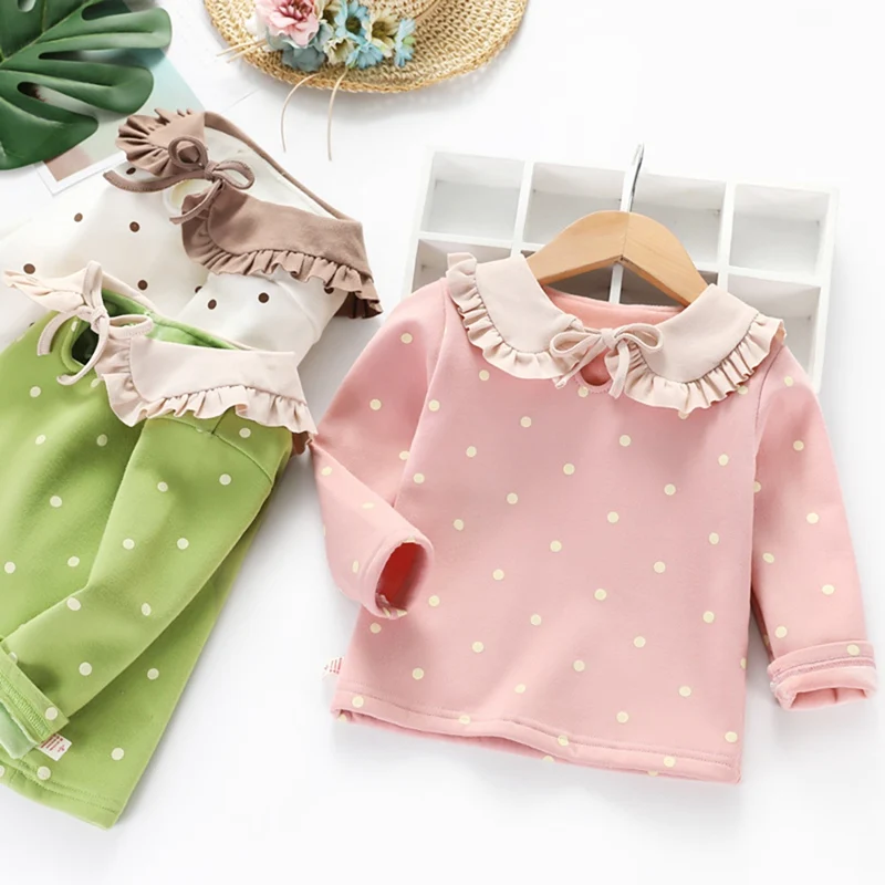 Зимняя детская футболка для маленьких девочек, бархатные плотные Топы в горошек с длинными рукавами, футболки, повседневная блузка