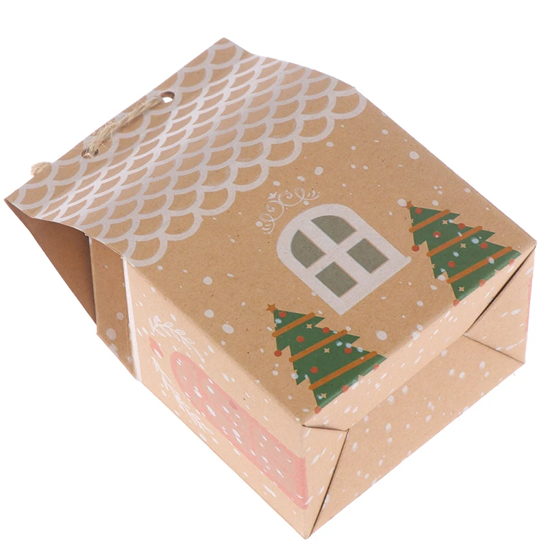 50pcs House Shape Christmas Candy Gift Bags With Ropes Xmas Tree Cookie Bags Merry Christmas Guests Packaging Boxes Party Decor