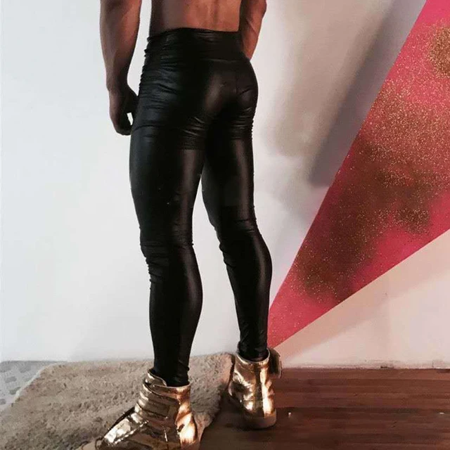 Men Leggings Shiny Leather Pants PVC Wetlook Long Tight Trousers Club Dance  Wear