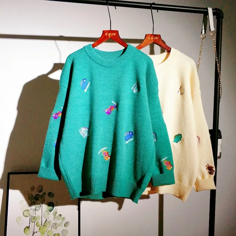 Woherb, Kawaii, милый свитер, Осень-зима, свободные вязаные свитера, Мультяшные животные, вышивка, пуловер, женский джемпер, женские топы