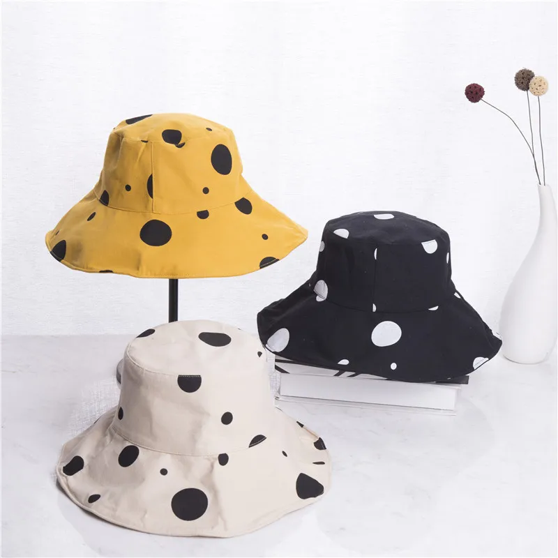 Sun Hat Women Summer Foldable Bucket Hat Harajuku Large Brim Dot Printed Beach Sun Hat Japanese Style Yellow Black Khaki Beige   (10)
