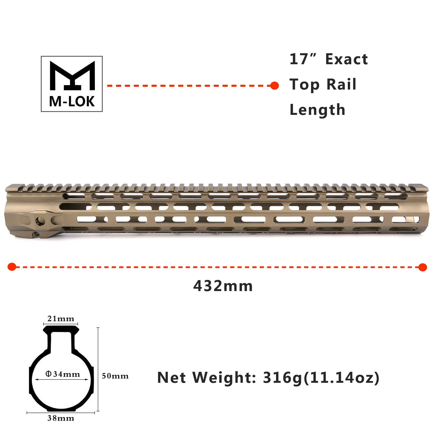 1" m-lok handguard Slip fit замок дизайн mlok handguard m4 m16 AR15 handguard - Color: HG68P17M-FDE